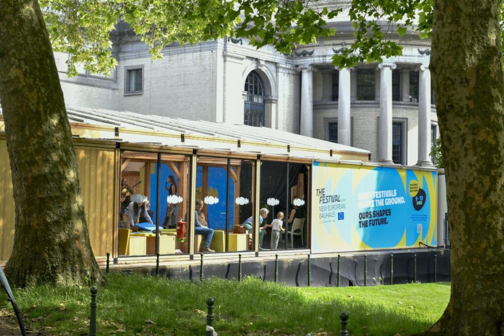 Exterior view of the FEST hut structure used for performances during NEB 2026